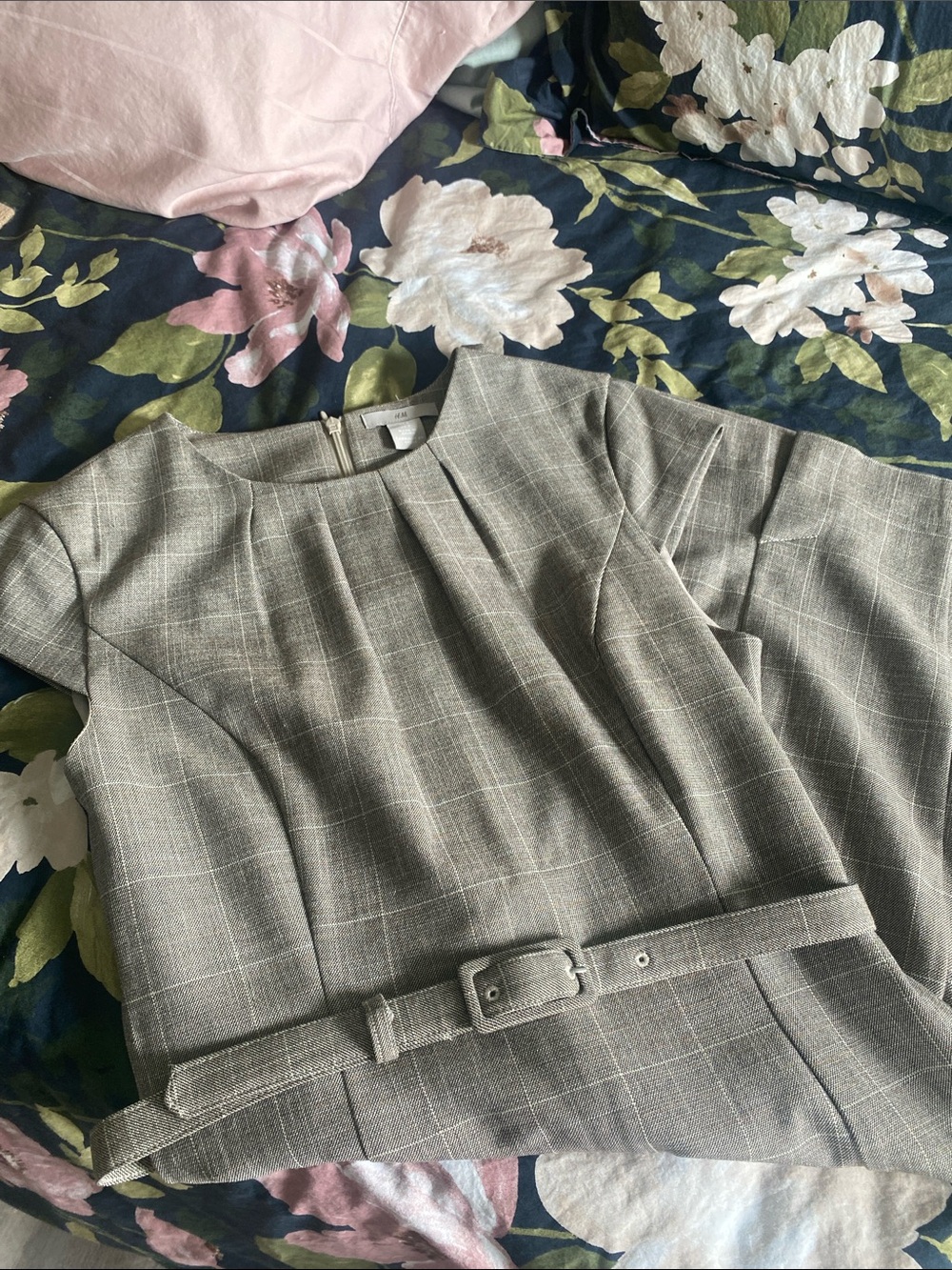 H&M Gray Plaid Belted Midi Dress